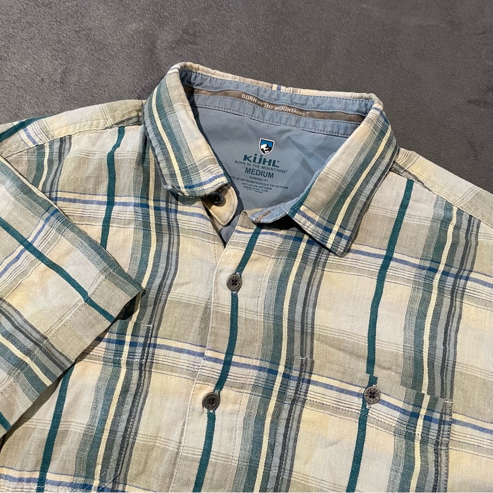 Kuhl Shirt Mens Medium White Plaid Linen Blend Tapered Fit Hiking Outdoors